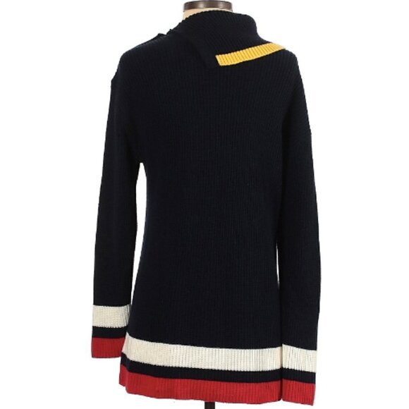 Talbots Navy Blue Pullover Sweater Shoulder Buttons Yellow Red White Stripe P - Picture 9 of 9